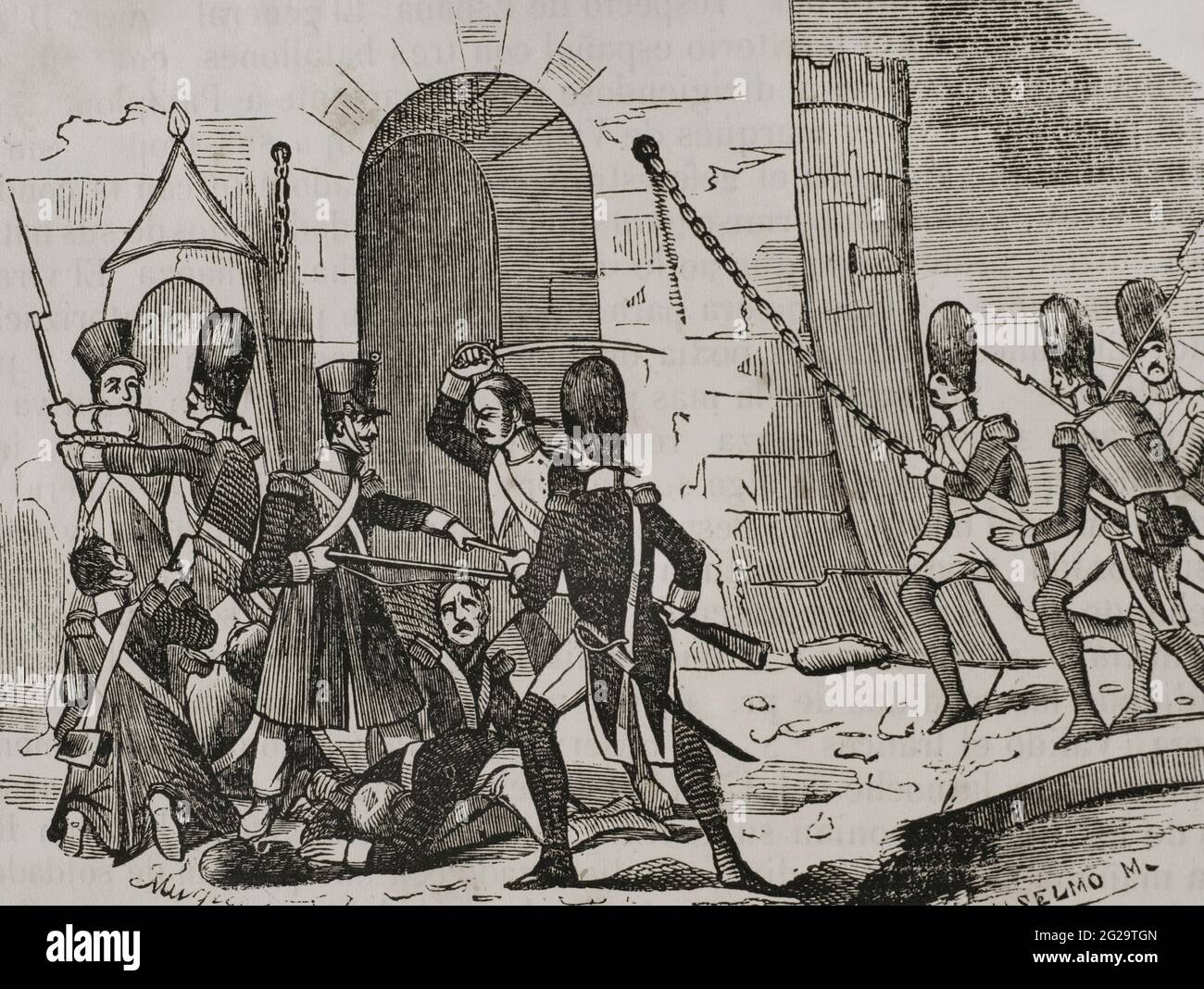 Storia della Spagna. Invasione napoleonica. Il generale d'Armagnac entrò a Pamplona il 9 febbraio 1808. Arrivò come alleato, anche se con l'obiettivo nascosto di prendere la cittadella. Intendeva alloggiare due battaglioni all'interno della cittadella, ma gli fu negato il permesso dal viceré della Navarra, il marchese di Villasantoro. Dopo il divieto, il 16 febbraio, utilizzando i soldati che andavano alla cittadella all'alba ogni giorno per raccogliere il pane per le truppe e un piccolo gruppo di soldati selezionati, riuscirono a prendere il controllo della fortezza con l'aiuto di due compagnie di granatieri. Sorpresa della Cittadella di Pamplona. Engravin Foto Stock