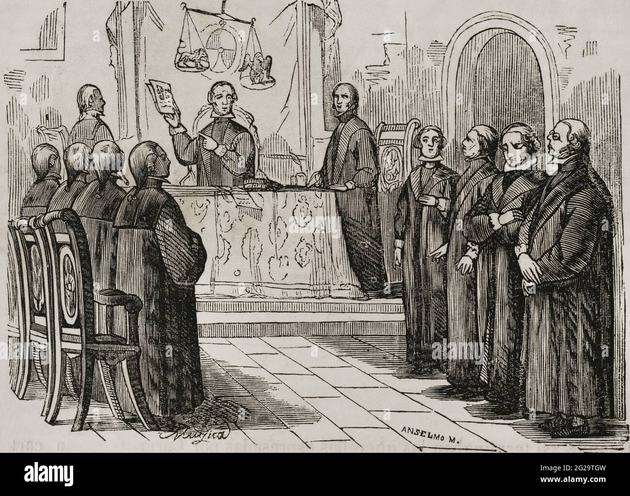 Il complotto El Escorial, 1807. La congiura ingannata guidata dal Principe delle Asturie, Ferdinando di Borbone, per determinare la caduta di Manuel Godoy e mettere la Regina Maria Luisa di Parma sotto controllo. La sentenza El Escorial. Il 25 gennaio 1808, tutti gli imputati sono stati assolti dal Consiglio di Castiglia. L'avvocato Simón de Viegas, l'uomo di Godoy, sosteneva che i fatti non potevano essere provati. Incisione. Historia del Levantamiento, guerra y Revolución de España della Conde de Toreno. Madrid, 1851. Foto Stock