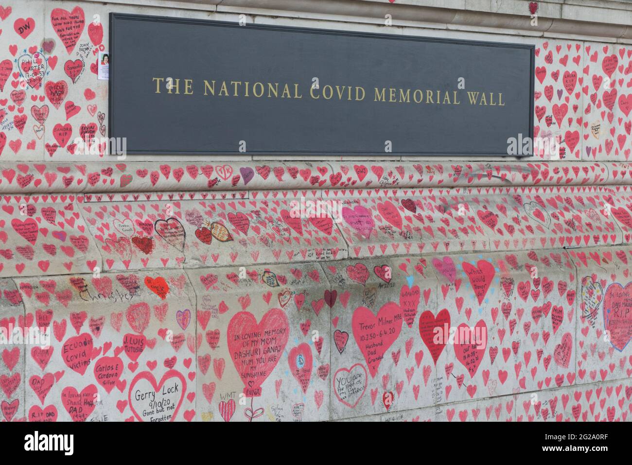 150,000 cuori che rappresentano le vite perse a Coronavirus nella linea britannica il muro commemorativo di COVID a Londra Foto Stock