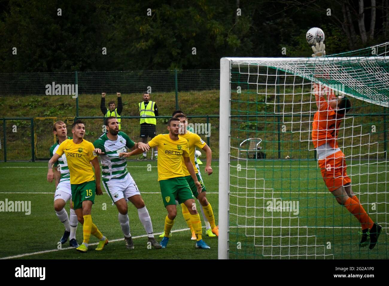 Oswestry, Inghilterra. 27 agosto 2020. UEFA Europa League prima partita di qualificazione tra i nuovi Santi e MSK Zilina. Foto Stock