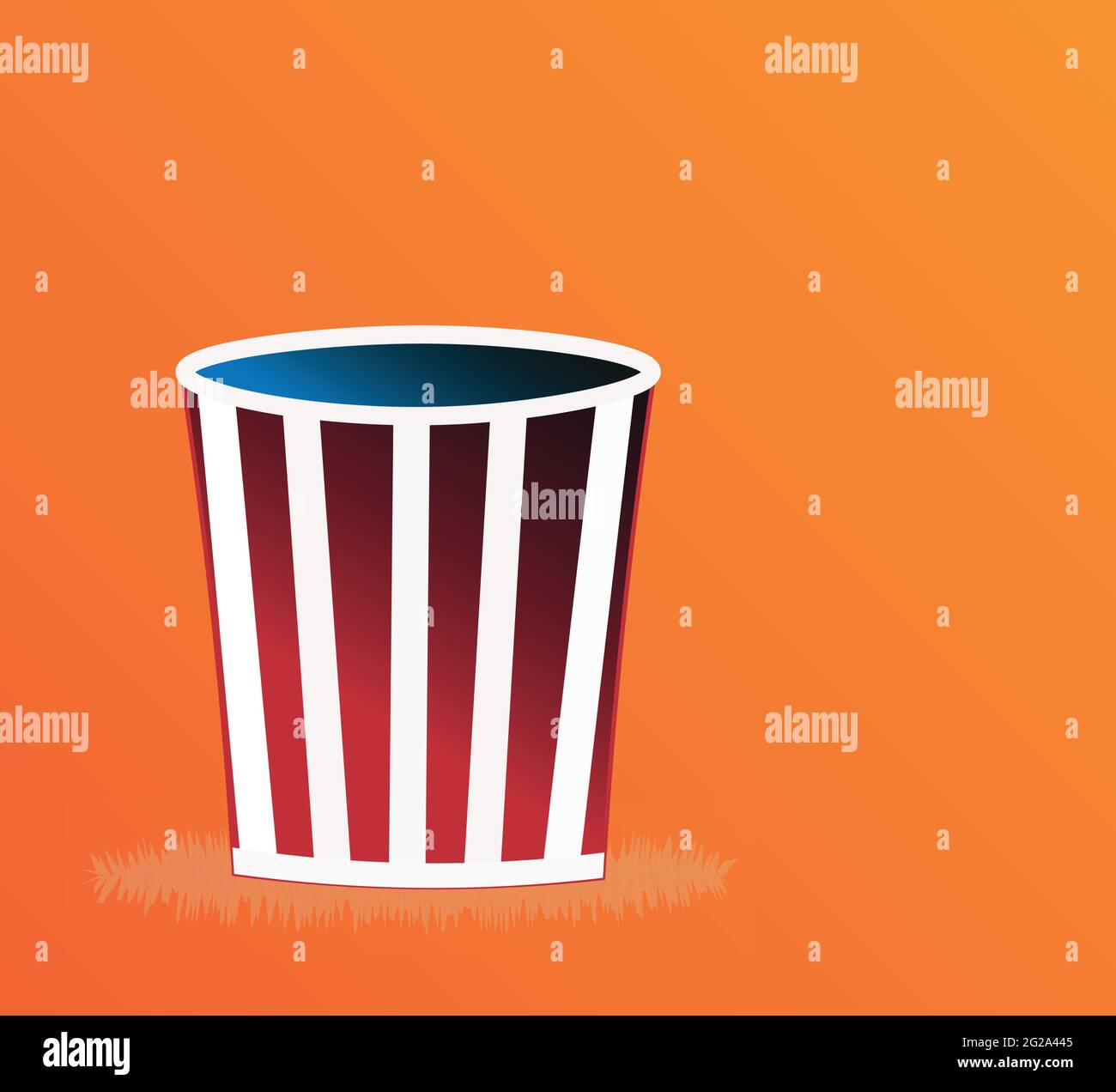 vetro riempito con strisce bianche e rosse per cibo e spuntini teatro pop corn intrattenimento cinema e vettore circo sul gradiente giallo-arancione Illustrazione Vettoriale