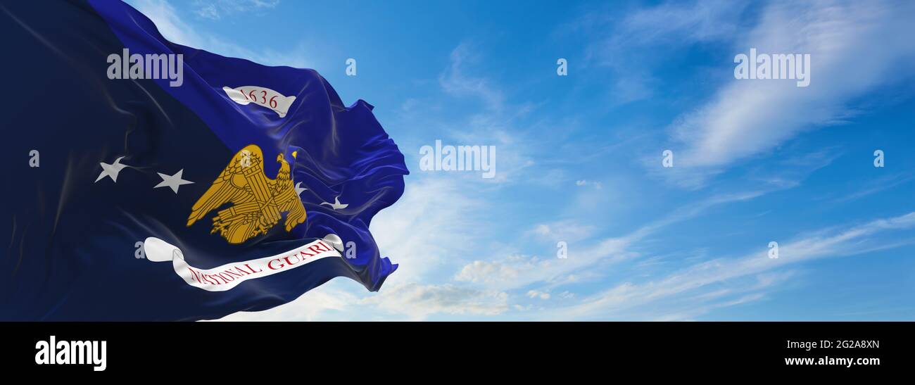 Bandiera del National Guard Bureau ondeggiante nel vento. Difesa nazionale degli Stati Uniti. Spazio di copia. illustrazione 3d. Foto Stock