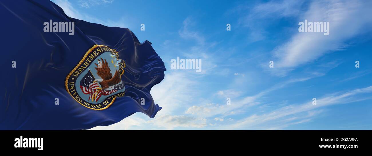 Bandiera del Dipartimento degli Affari dei Veterani degli Stati Uniti che vacilla nel vento. Difesa nazionale degli Stati Uniti. Spazio di copia. illustrazione 3d. Foto Stock
