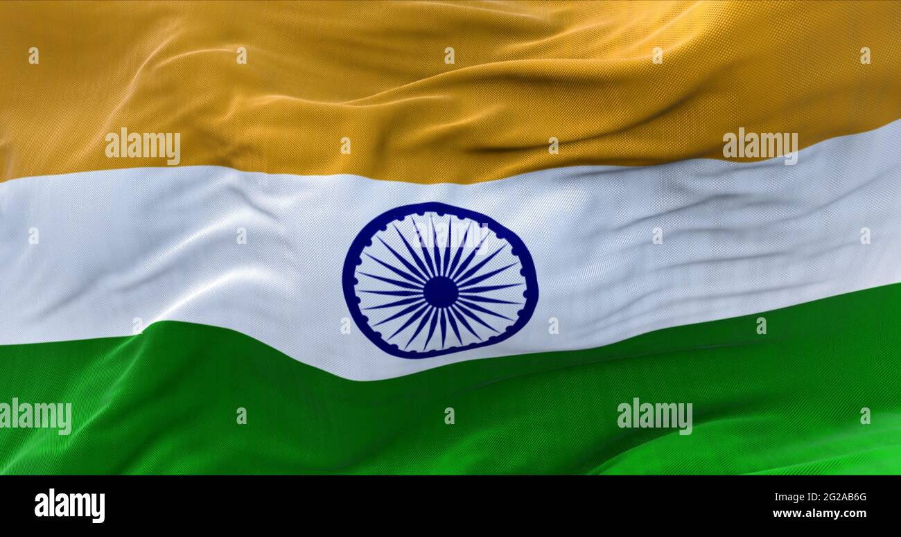 Particolare della bandiera nazionale dell'India che vola nel vento. Democrazia e politica. Foto Stock