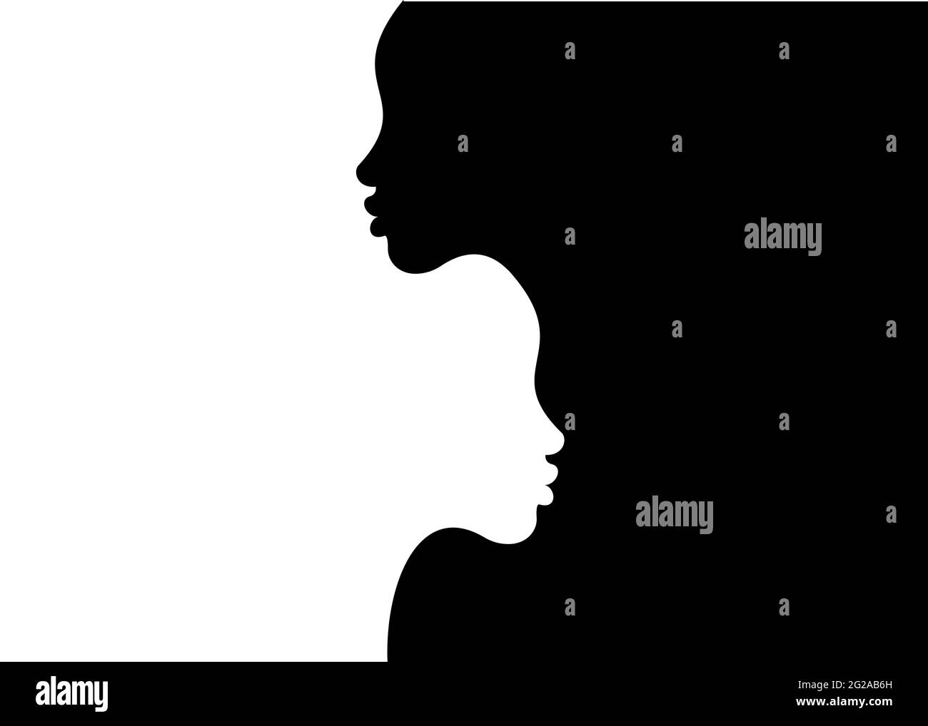 Due silhouette di una testa donna sono girate l'una dall'altra su uno sfondo bianco e nero. Due donne si affacciano ritratto modello vettoriale Illustrazione Vettoriale