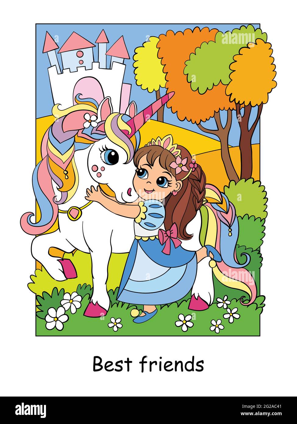 Carino abbracci principessa con unicorno. Vettore colorato cartoon illustrazione in stile bambini. Per cartoline, poster, design, schede, adesivi, arredamento della camera, Illustrazione Vettoriale