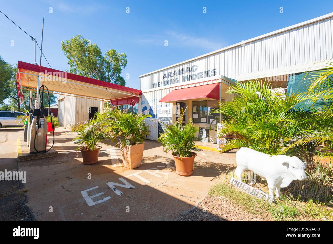 Statua di un toro bianco in una vecchia stazione di servizio o servizi, Aramac, Queensland centrale, Queensland, QLD, Australia Foto Stock