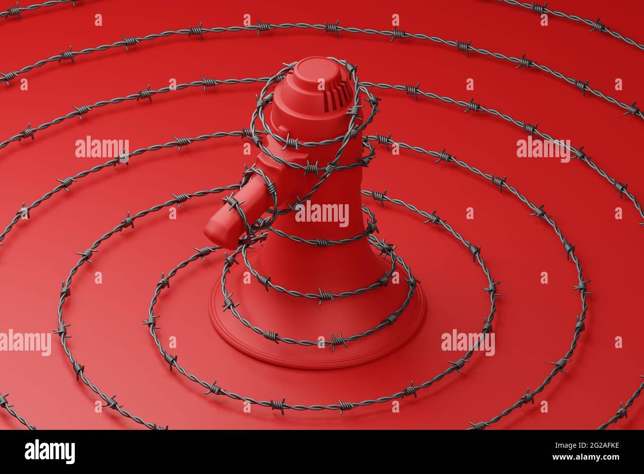 Red Megaphone con nero wiggle sbarrato filo 3D rendering, protesta contro la dittatura minacciano censurato stampa concept poster e sociale banner orizzonte Foto Stock
