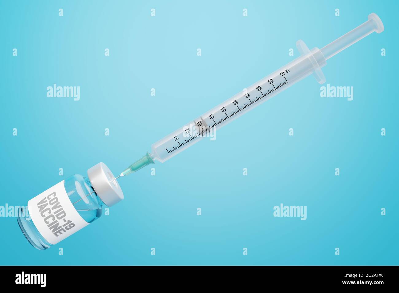 3D rendering Covid-19 flacone di vaccino e siringa, campagna di vaccinazione per la protezione dell'immunità da pandemia concetto di progettazione su gradiente azzurro Foto Stock