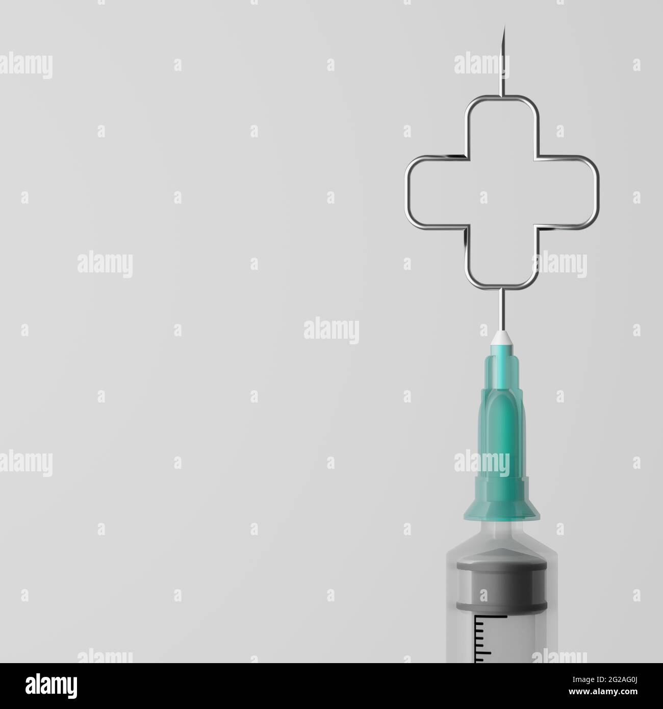 Siringa per vaccino Covid-19 con simbolo a croce, associazione benefica di primo soccorso, campagna di vaccinazione per la protezione dell'immunità da pandemia di co Foto Stock