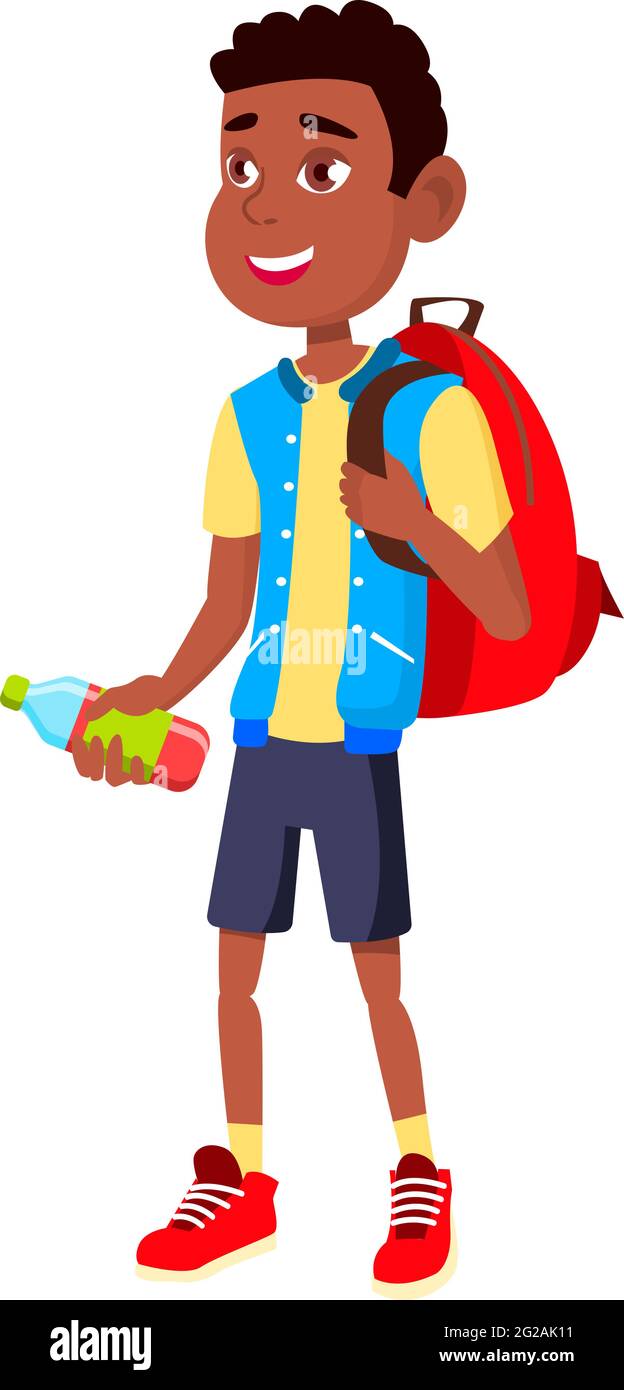 bambino africano che cammina nel parco con zaino e bottiglia di cartone  animato vettore Immagine e Vettoriale - Alamy