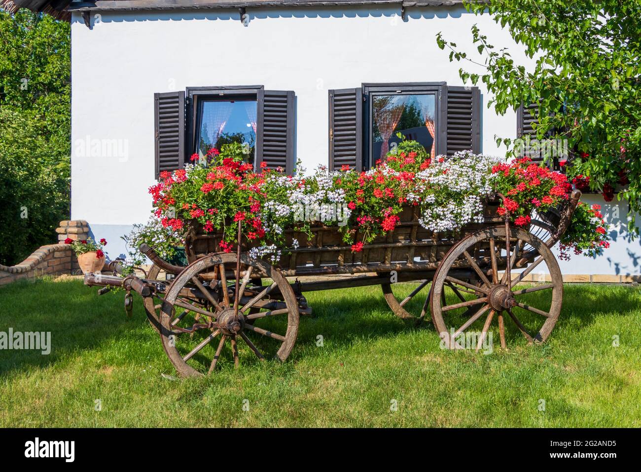 Carretto di trasporto in legno trainato da cavalli d'epoca europea decorato  con fiori annuali Foto stock - Alamy