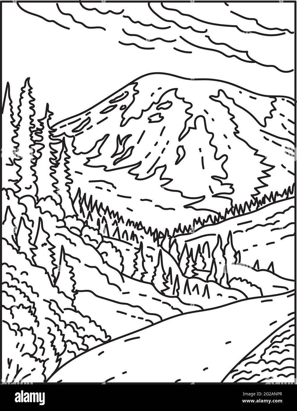 Illustrazione monolinea di Mount Rainier nel Mount Rainier National Park situato nello stato di Washington, Stati Uniti d'America fatto in nero retrò e w Illustrazione Vettoriale