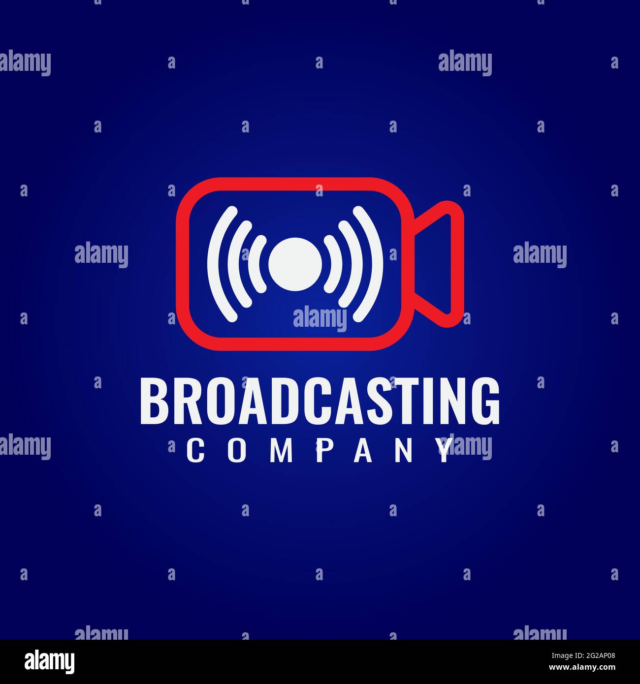 Logo Multimedia and Broadcasting Company su sfondo blu scuro. Design del logo dei marchi pittorici con icona videocamera e feed live. Blu rosso Illustrazione Vettoriale