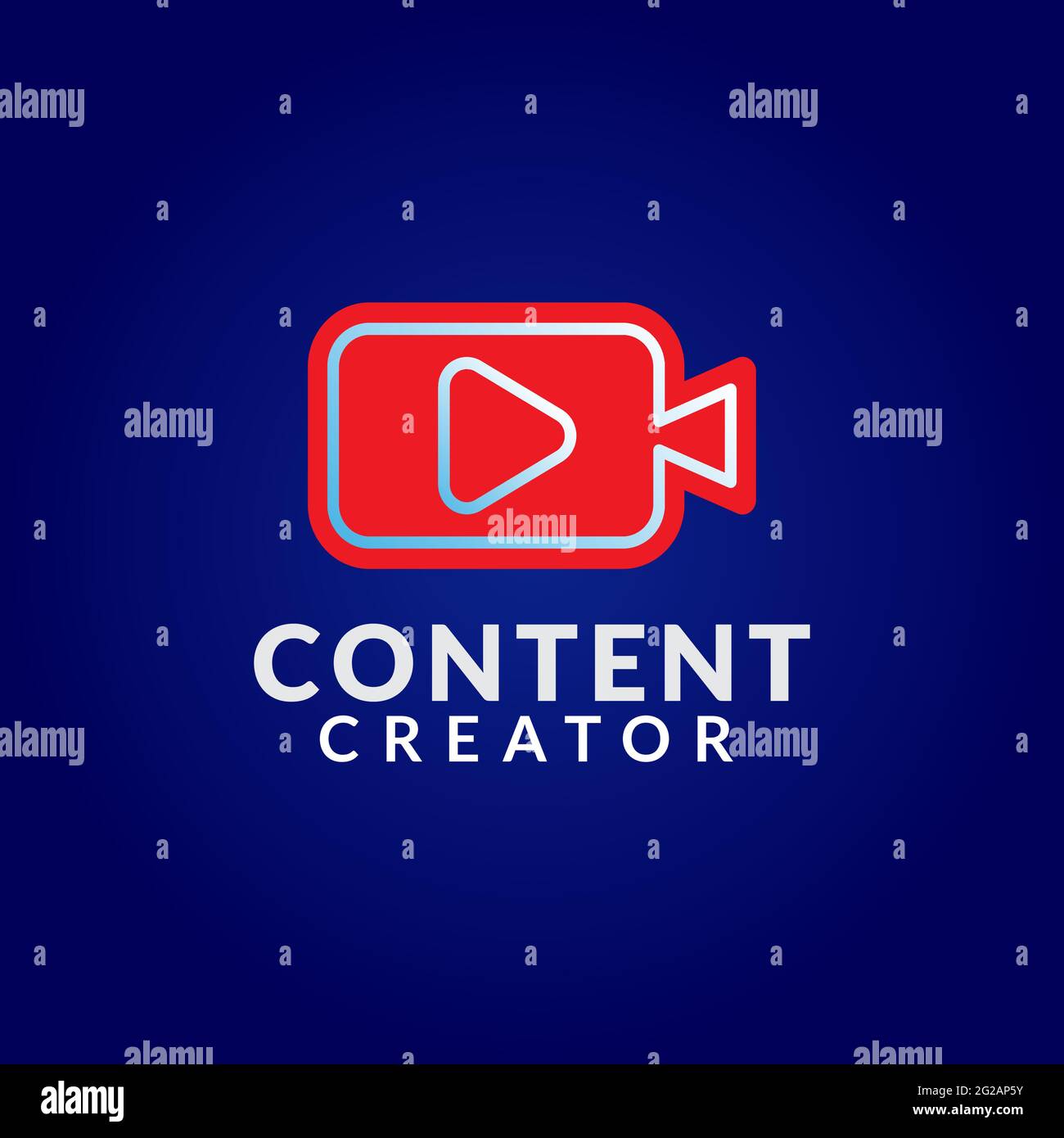 Modello di progettazione del logo Content Creator su sfondo blu scuro. Logo grafico con videocamera rossa e icona del pulsante Play. Illustrazione Vettoriale