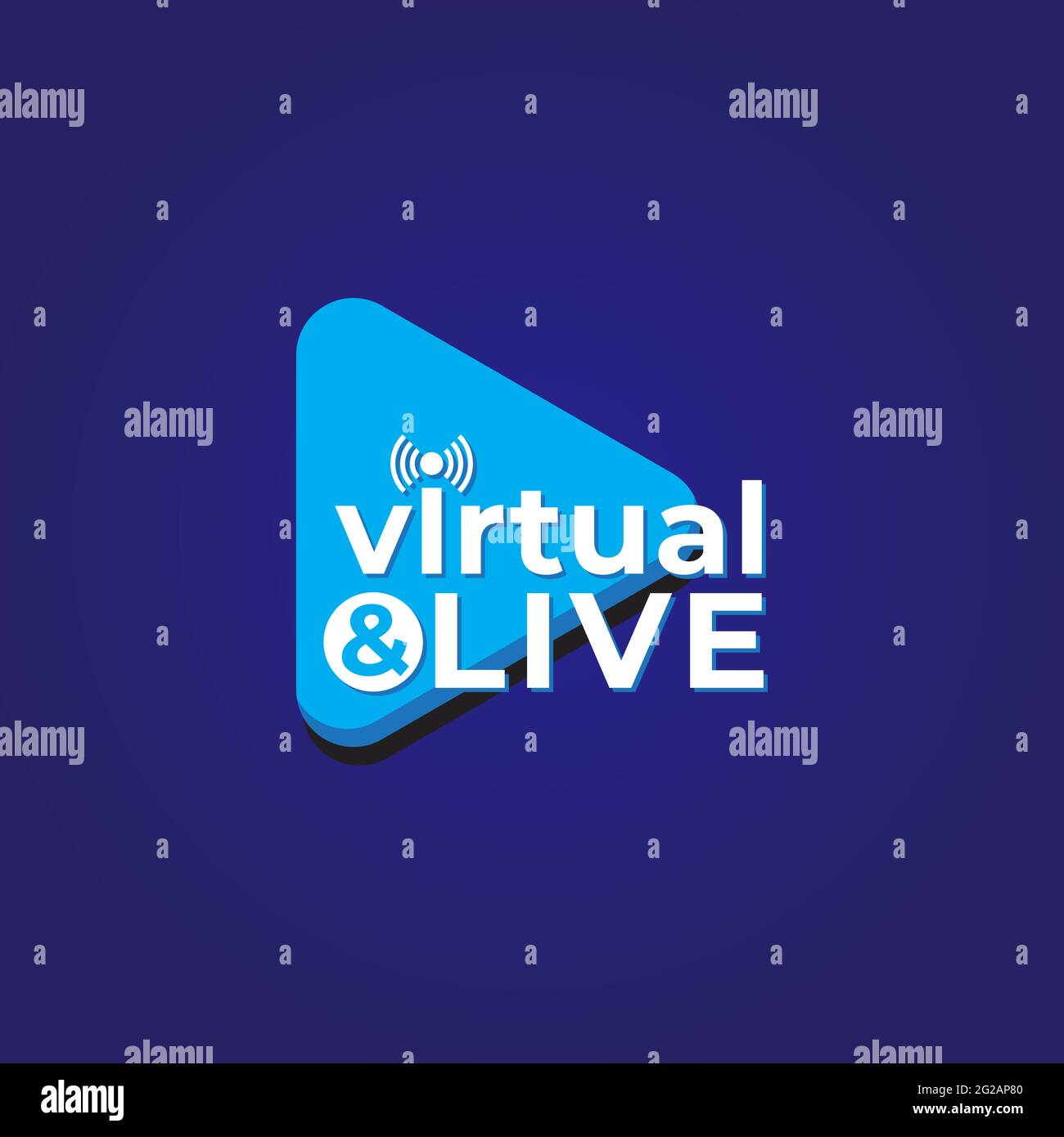 Concetto di logo virtuale e live con pulsante Play e icona Feed live. Modello di progettazione del logo della società di trasmissione su sfondo blu. Illustrazione Vettoriale