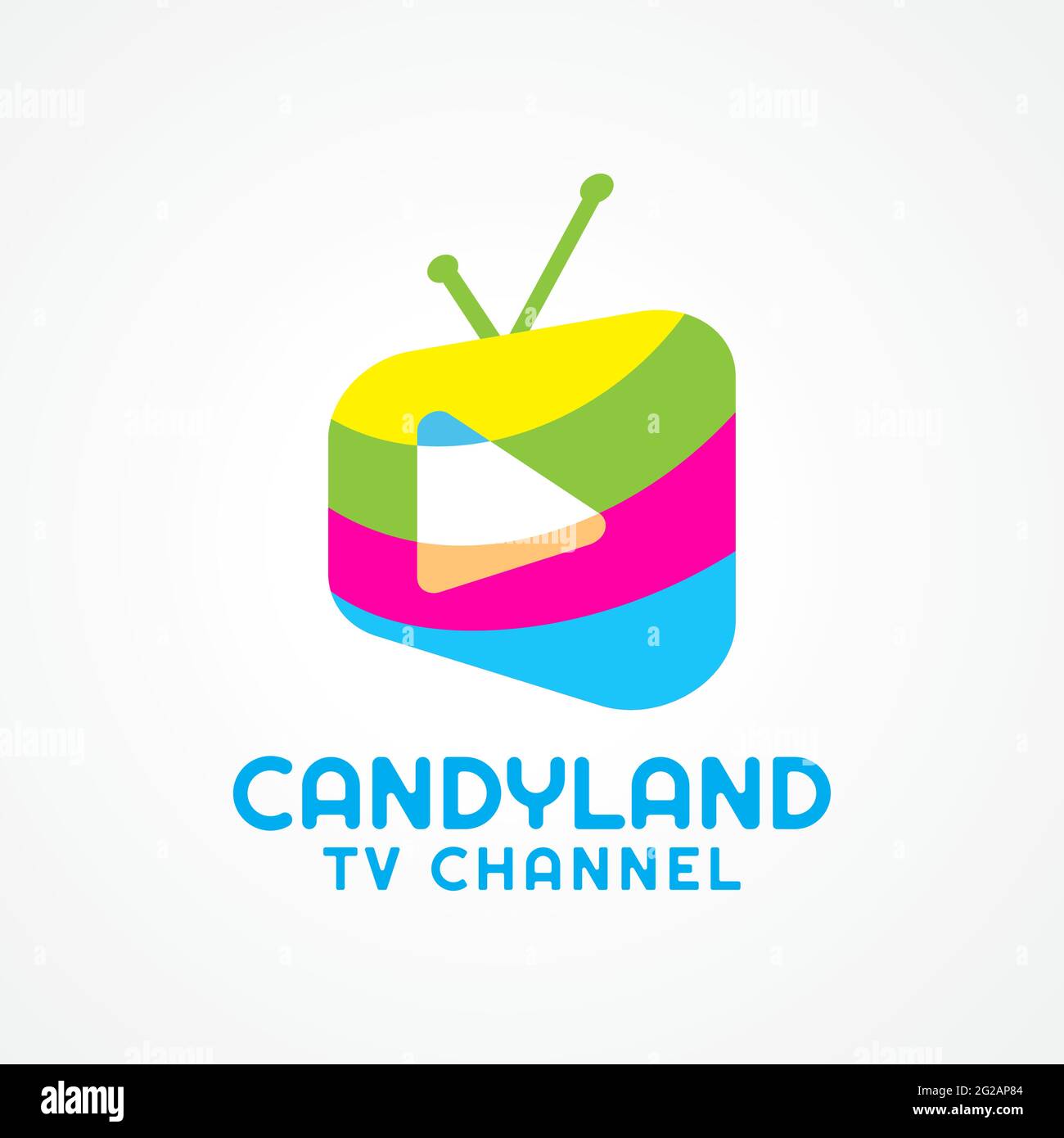 Logo del canale televisivo Candyland isolato su sfondo bianco. Televisore a colori con logo Play Button. Programma adatto per bambini. Illustrazione Vettoriale