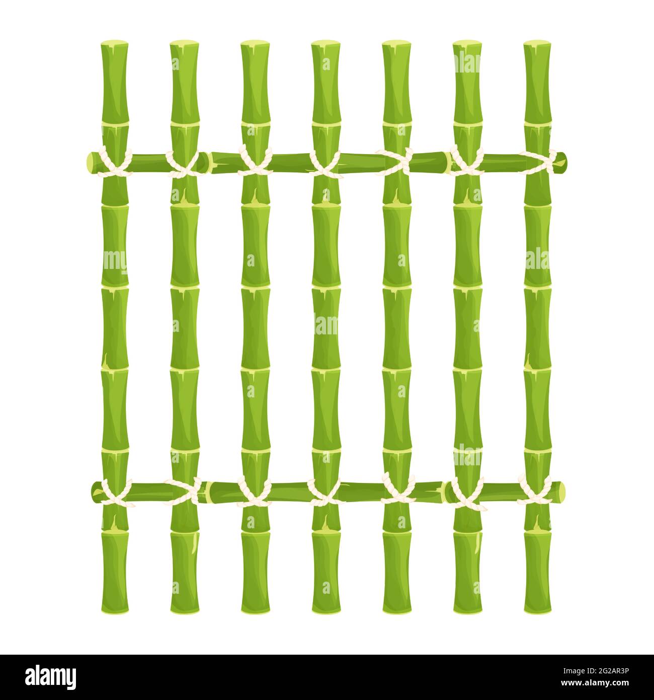 Recinzione di bambù verde con corda in stile cartone animato isolato su sfondo bianco. Barriera naturale da bastoni, tavole. Protezione rustica all'aperto. Asiatico, tri Illustrazione Vettoriale
