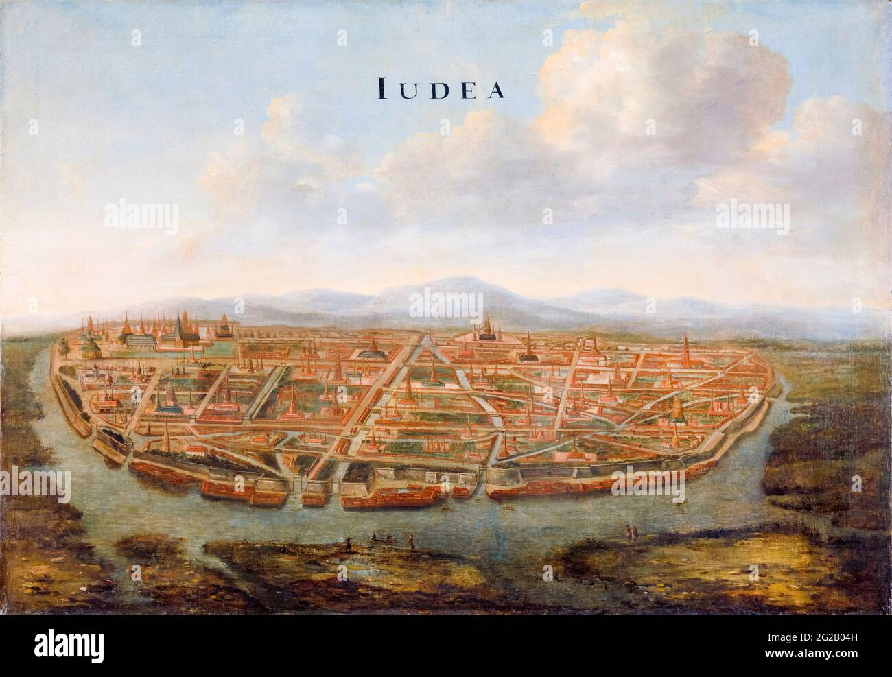 17 ° secolo vista del porto e della città di Judea (Ayutthaya), la capitale del Regno del Siam (Thailandia), paesaggio dipinto di Johannes Vinckboons, 1662-1663 Foto Stock
