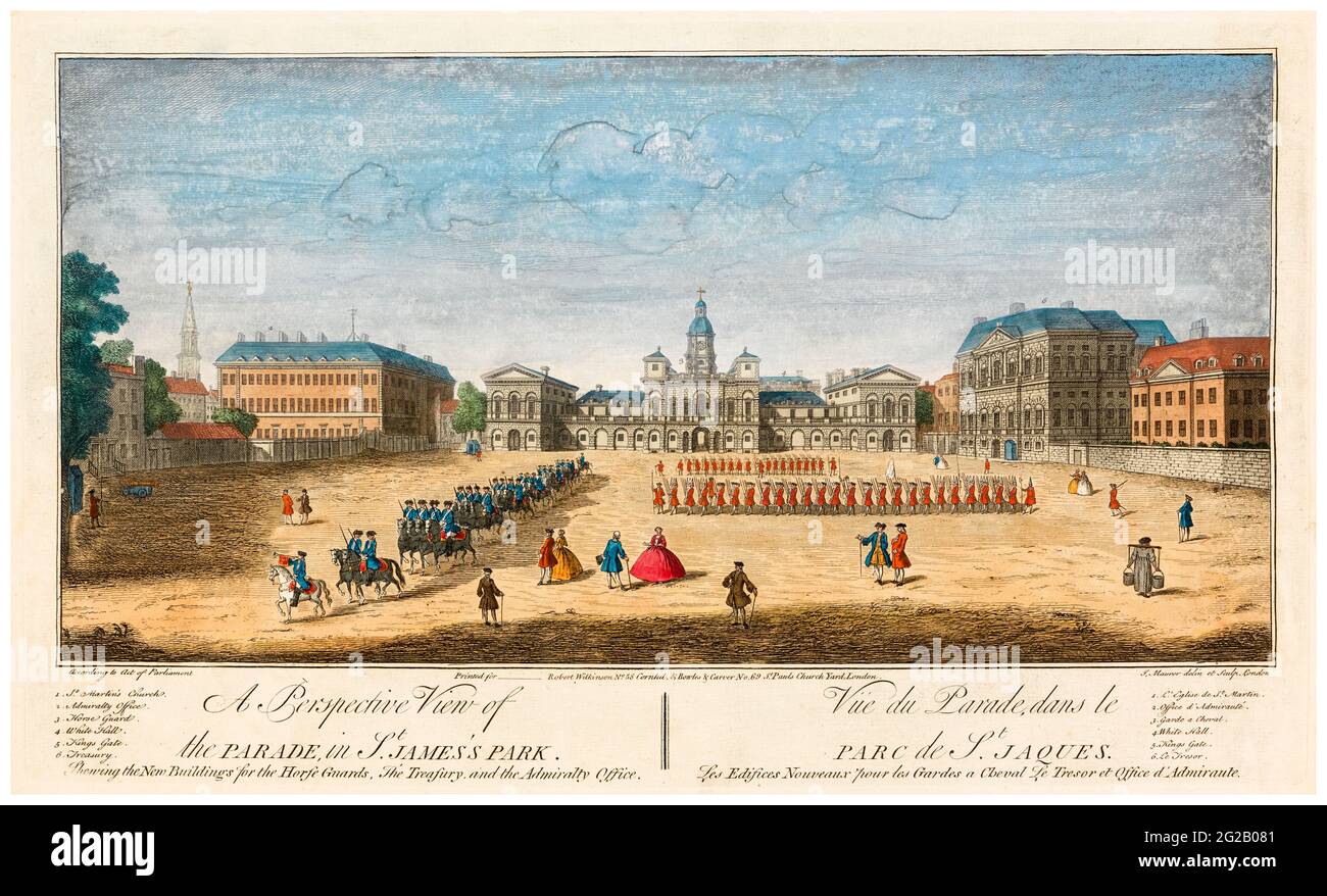 Vista del XVIII secolo di una Parata militare al campo della Parata delle Guardie a Cavallo nel St James's Park, Londra, Inghilterra, stampa di John Maurer, 1713-1761 Foto Stock