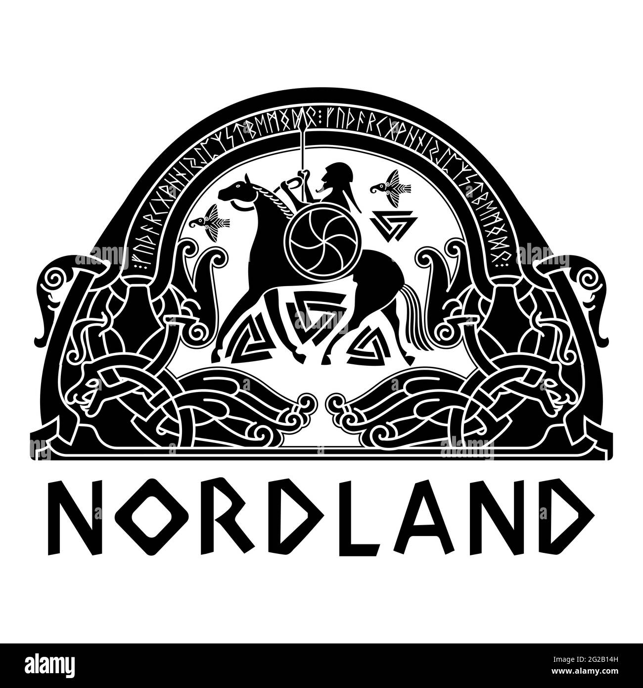 Disegno vichingo scandinavo, Dio Odino su un cavallo da guerra e ornamento in vecchio Norse con rune, isolato su bianco, illustrazione vettoriale Illustrazione Vettoriale