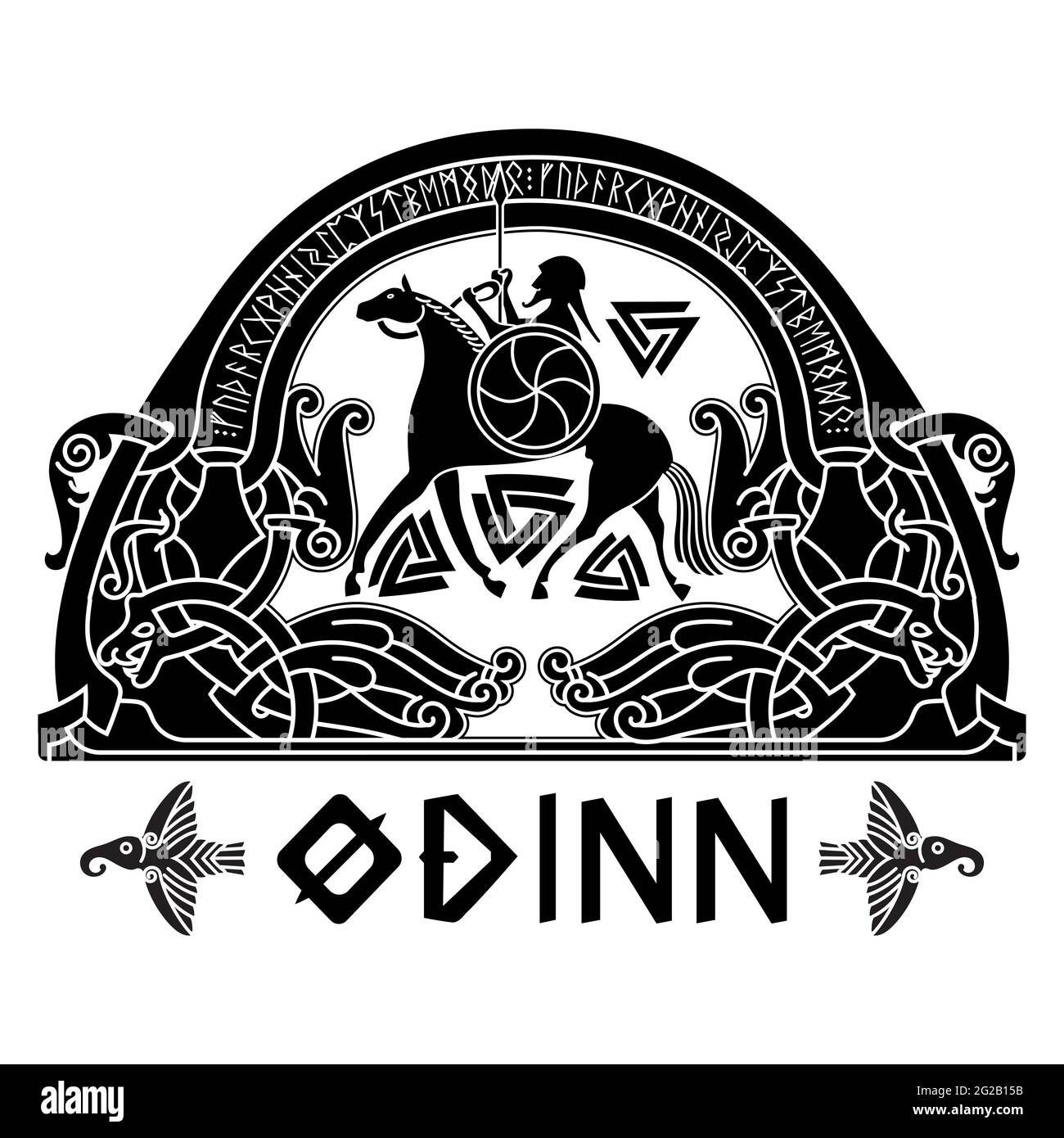 Disegno vichingo scandinavo, Dio Odino su un cavallo da guerra e ornamento in vecchio Norse con rune, isolato su bianco, illustrazione vettoriale Illustrazione Vettoriale