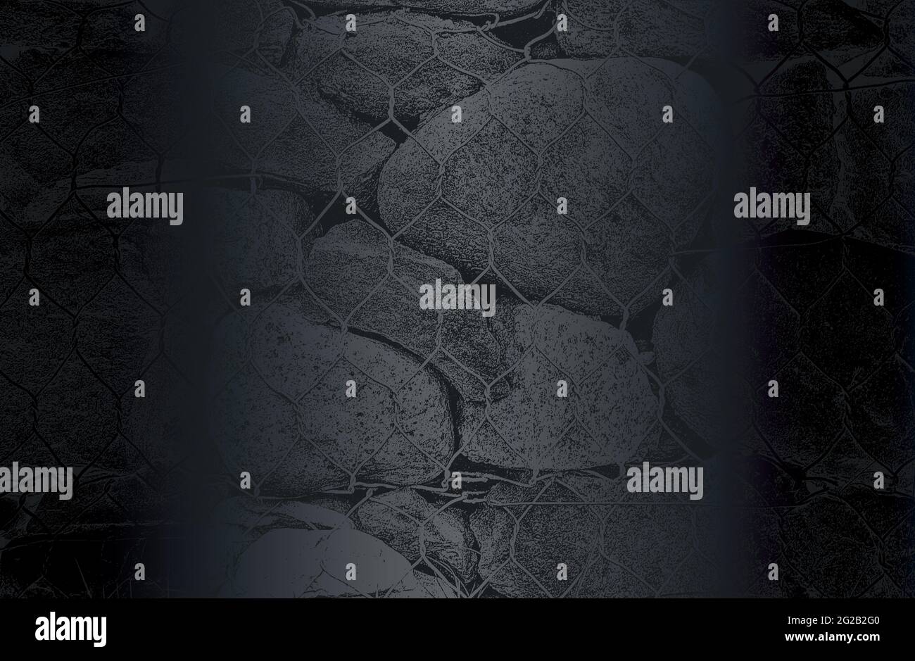 Lussuoso sfondo in metallo nero con pietre in difficoltà all'interno della rete metallica, rocce, ciottoli, texture macadam. Illustrazione vettoriale Illustrazione Vettoriale