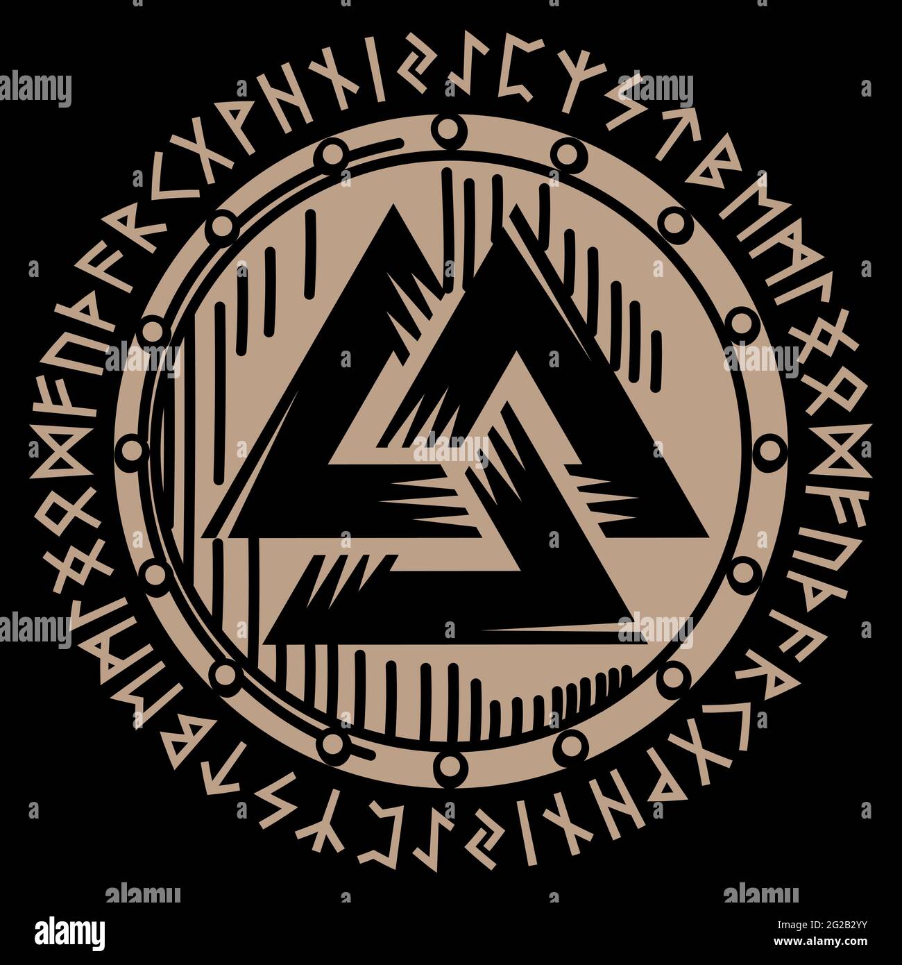 Design vichingo scandinavo. Scudo vichingo con rune settentrionali - antico alfabeto norreno, illustrazione vettoriale Illustrazione Vettoriale