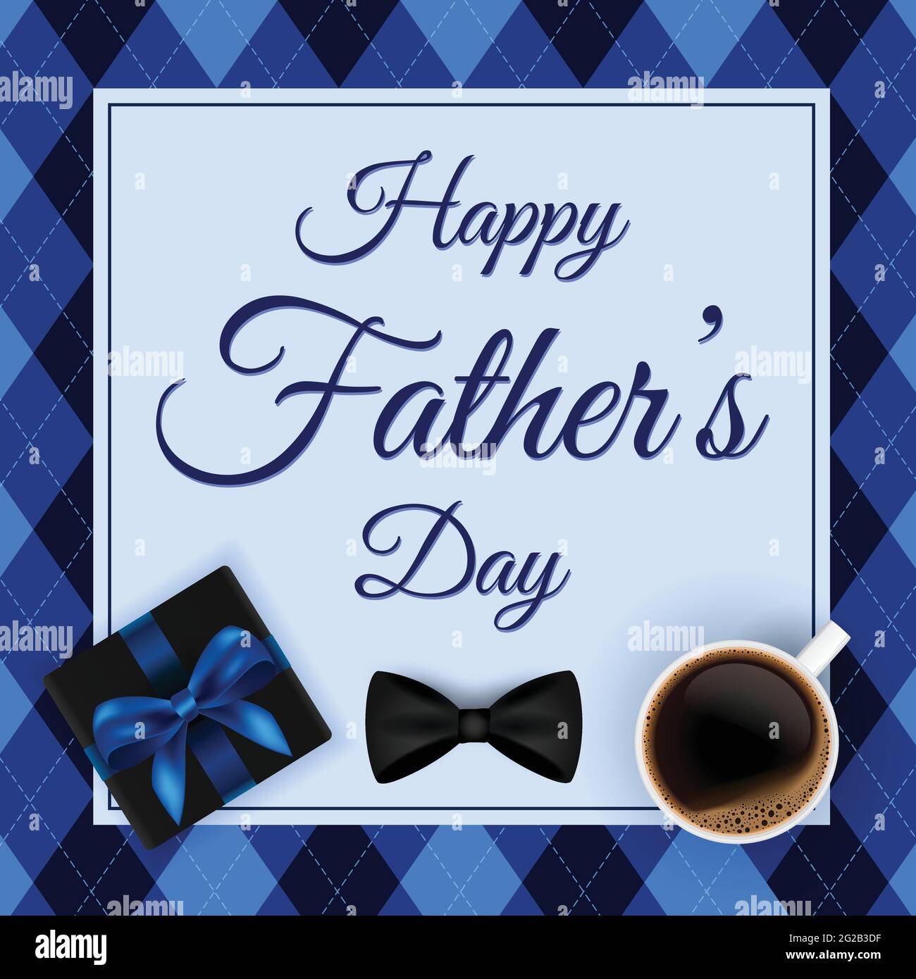 Sfondo vettore giorno felice del padre con scatola regalo, tazza di caffè e bowtie. Saluti giorno padri. Illustrazione Vettoriale