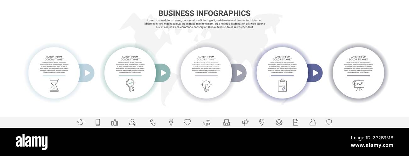 Infografiche vettoriali con cinque cerchi. Modern Concept 5 icone con frecce per l'app, il sito Web, l'interfaccia, la mappa, i livelli, web, diagramma, banner Illustrazione Vettoriale
