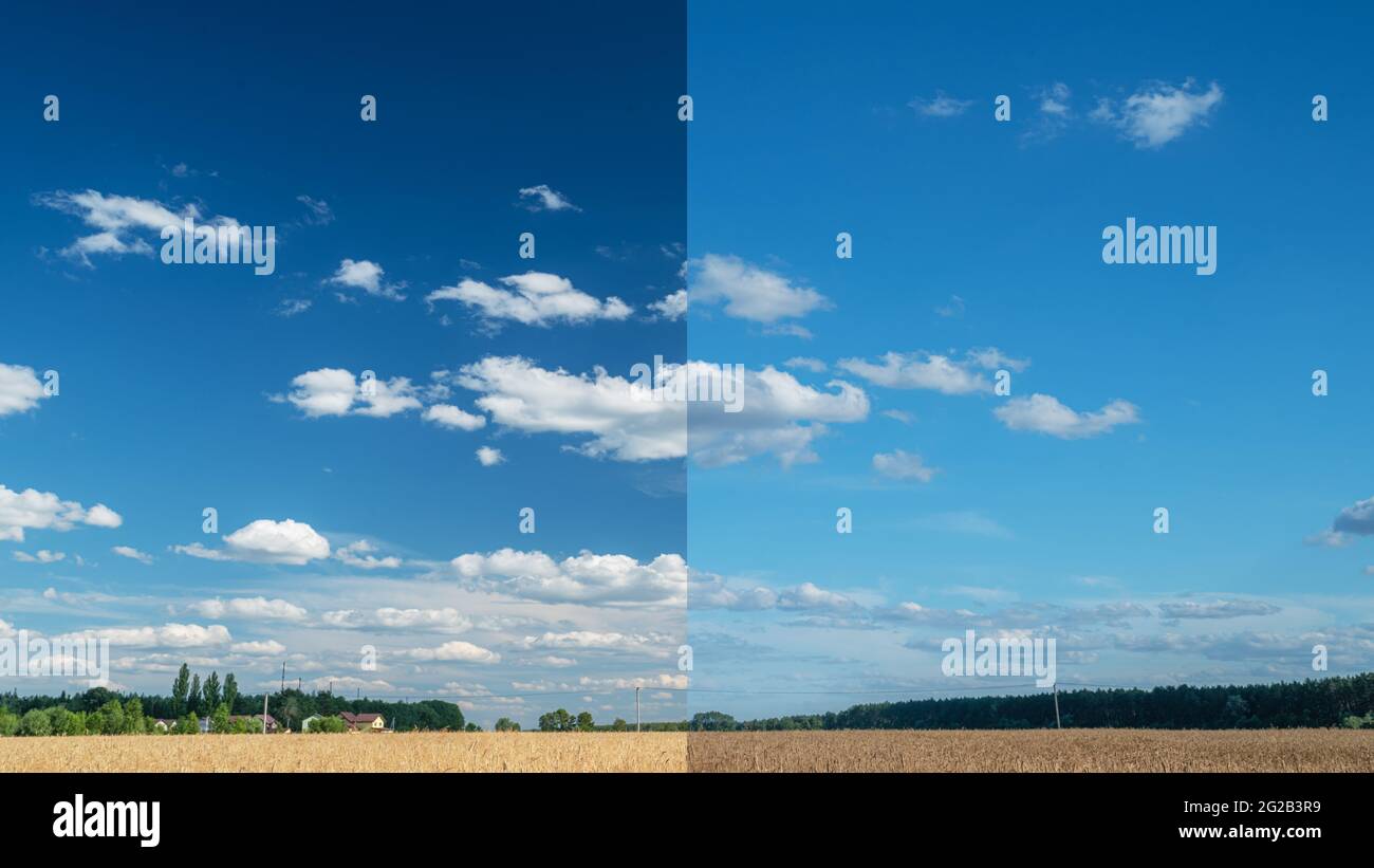Effetto di un filtro polarizzante mostrato sulla foto del cielo. L'immagine delle nuvole è più alto contrasto attraverso il filtro. Foto Stock