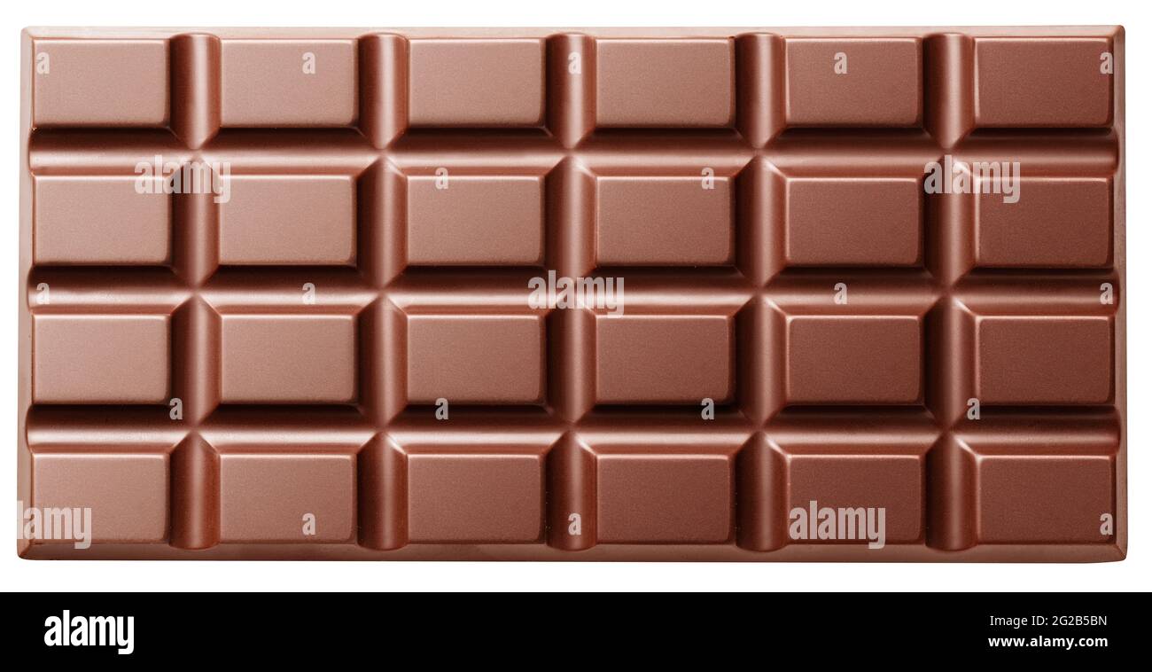 Barretta di cioccolato al latte isolata. Vista dall'alto. Il file contiene il percorso di ritaglio. Foto Stock