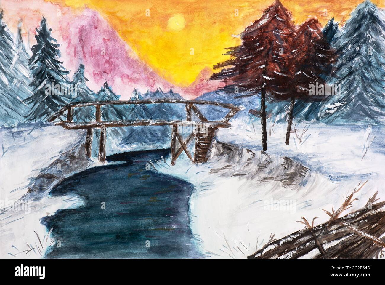 Paesaggio invernale con fiume e vecchio ponte in legno in montagne coperte di neve. Immagine creata con acquerelli. Foto Stock