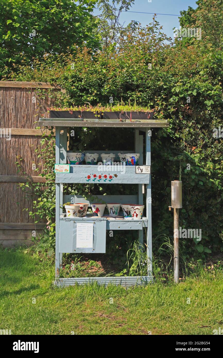 Una stalla costruita appositamente sul lato della strada che espone opere d'arte dipinte in vendita con scatola di onestà presso la strada di Irstead. Norfolk, Inghilterra, Regno Unito. Foto Stock