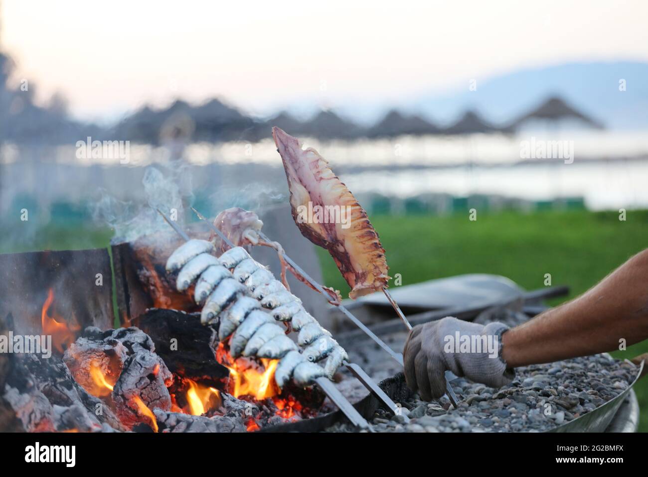 calamari in mano dell'uomo, spiaggini di pesce sul fuoco, sfondo della  spiaggia Foto stock - Alamy