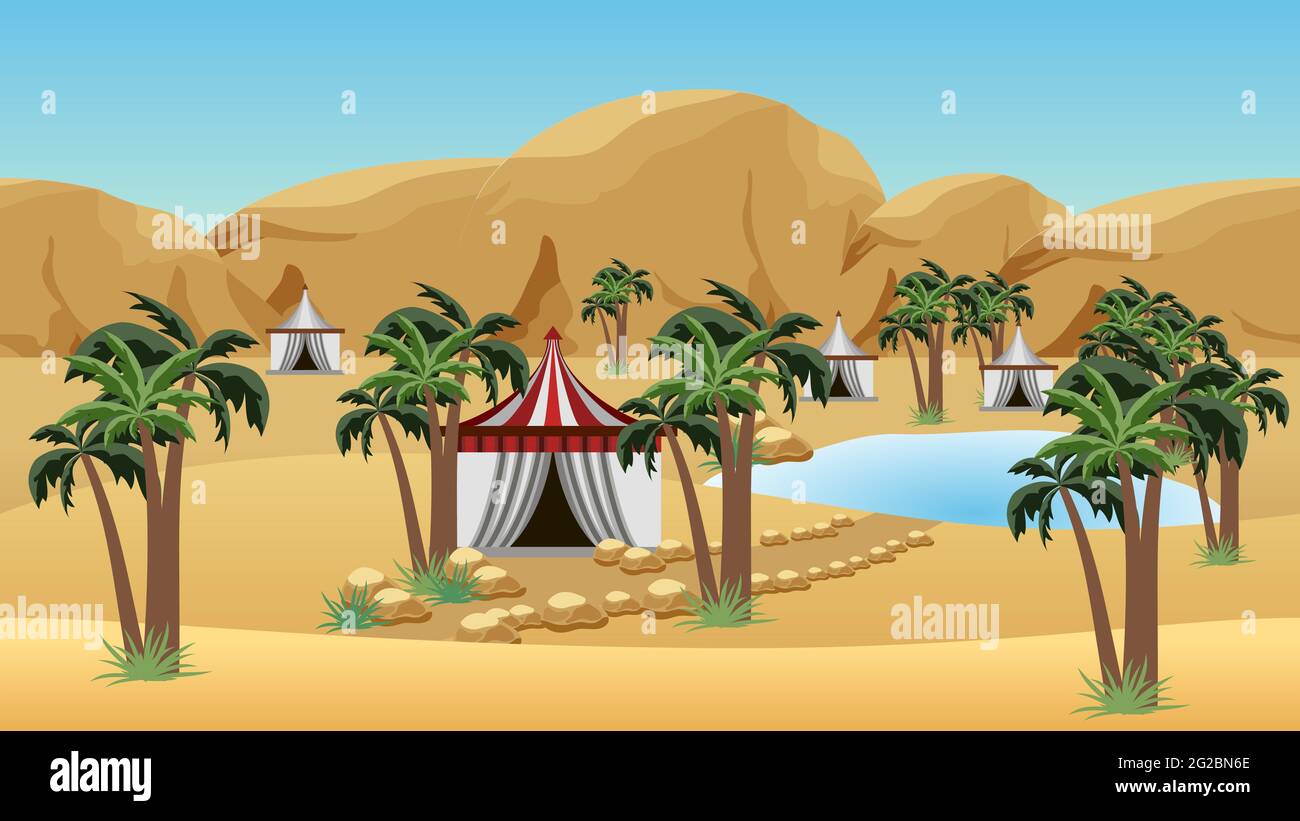 Oasi nel deserto con accampamento beduino. Paesaggio per cartoni animati o sfondo di gioco. Deserto, dune di sabbia, lago, palme e tende beduine. Illustrazione vettoriale Foto Stock