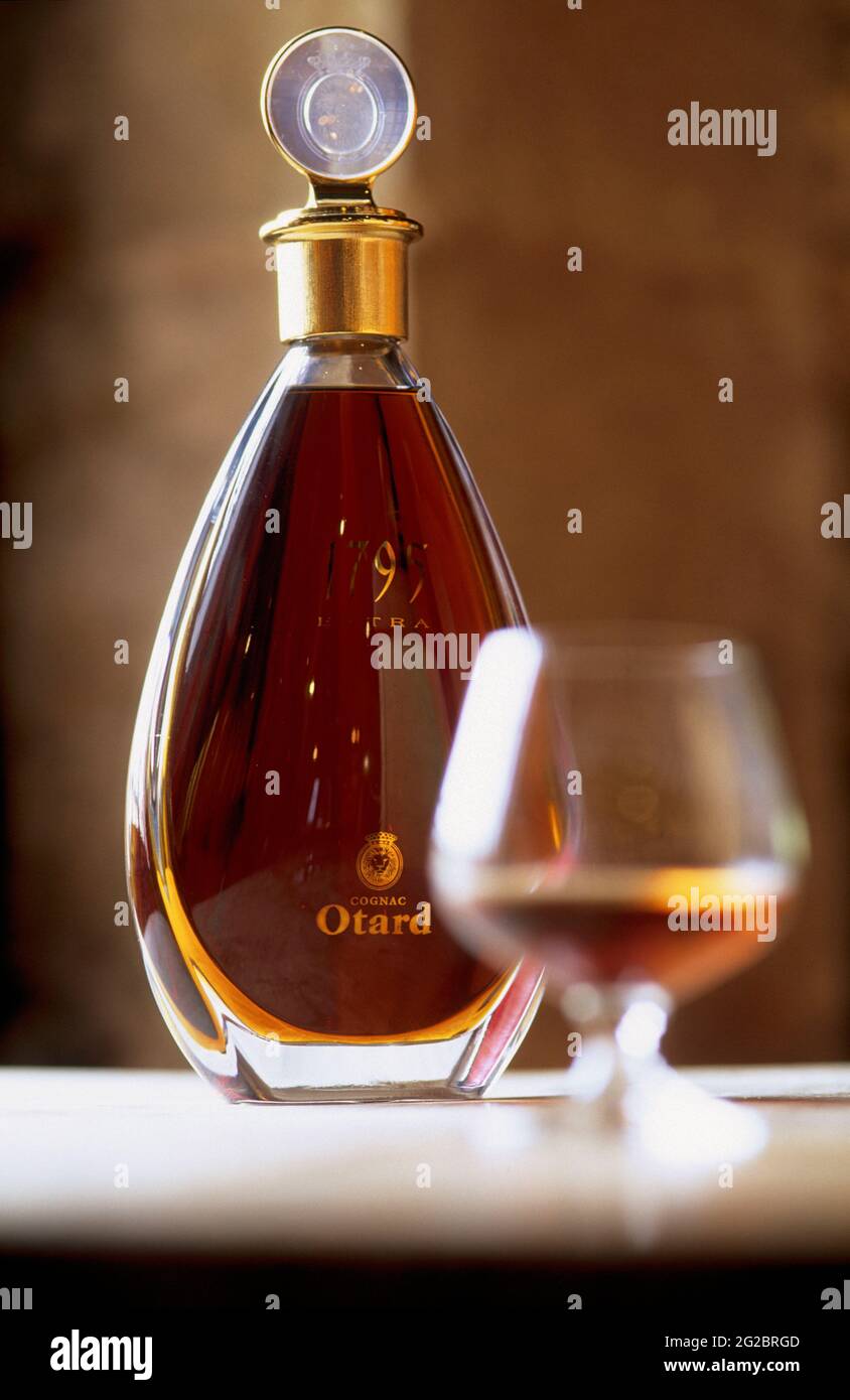 FRANCIA. CHARENTE (16) COGNAC VIGNETO. CITTÀ DEL COGNAC. COGNAC OTARD CASA E CASTELLO. VETRO E BOTTIGLIA DI UN COGNAC VECCHIO DI 1795 Foto Stock