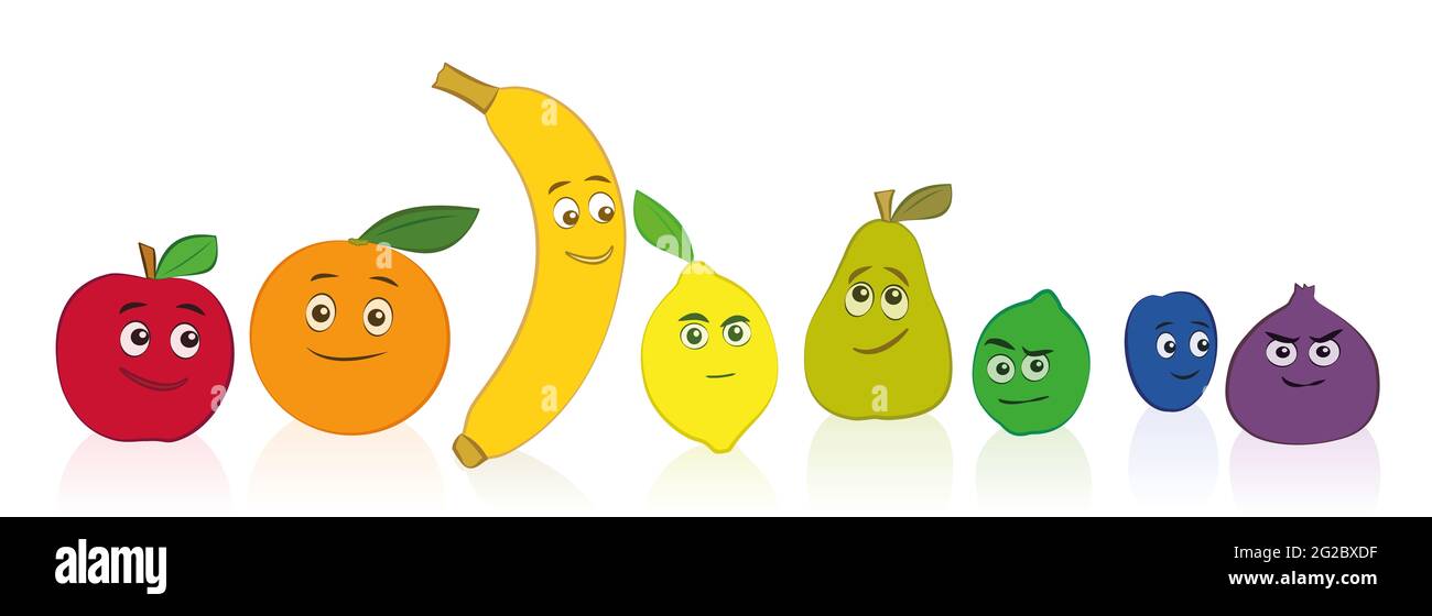 Frutti comici, set di colori arcobaleno con volti sorridenti e divertenti. Mela, arancia, banana, limone, pera, lime, prugna e fico - illustrazione su bianco. Foto Stock