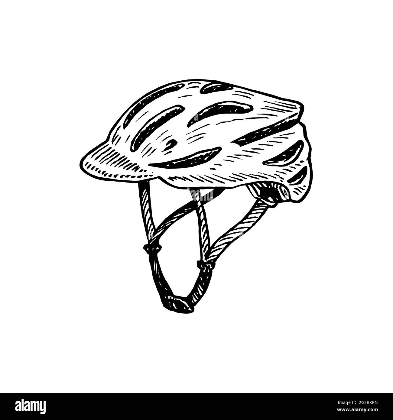 Casco da bicicletta vista laterale, disegno a rotocalco con inchiostro isolato su bianco Foto Stock