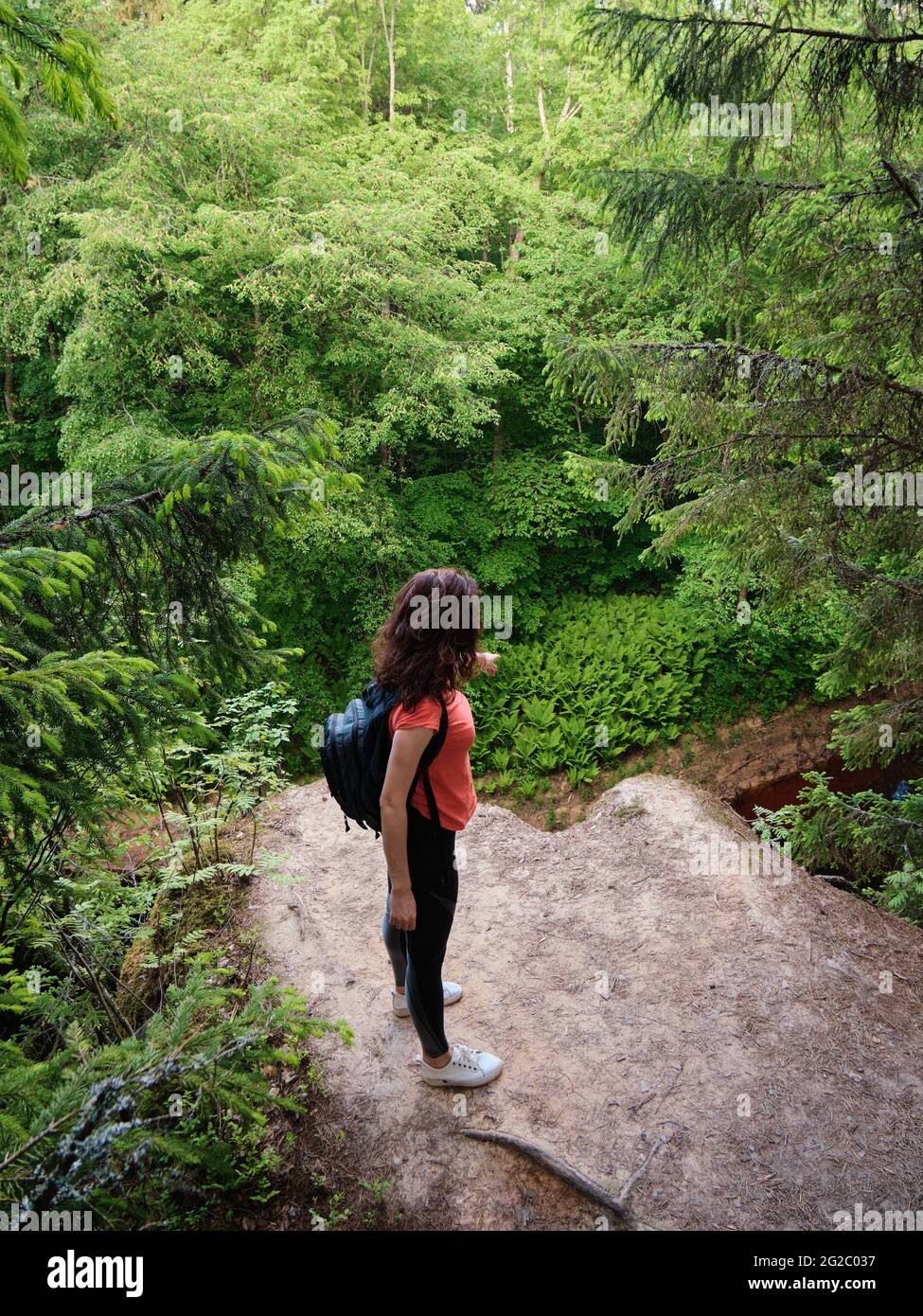 Una ragazza con uno zaino si trova sul bordo di una scogliera. Viaggia fuori città nei boschi. Campeggio. Foto Stock