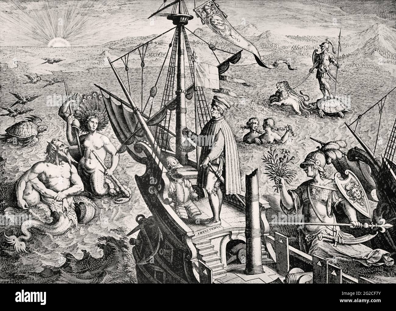 Glorificazione allegorica di Amerigo Vespucci, 1451 – 1512, mercante italiano, esploratore e navigatore della Repubblica di Firenze Foto Stock