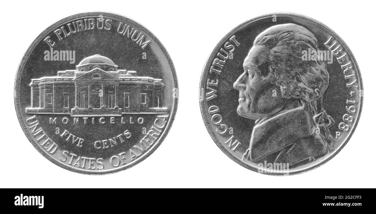 Obverse e reverse di 1988 cinque centesimi cupronickel noi moneta isolato su sfondo bianco Foto Stock