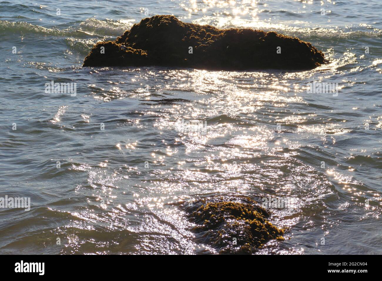 Calore al mare, onde glisten al sole, vacanza in spiaggia Foto Stock