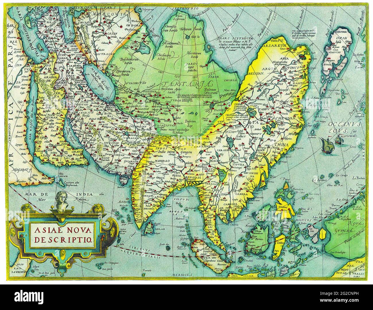 Vecchia mappa dell'Asia, Mappa dell'Asia retro, Mappa dell'Asia vintage, Mappa dell'Asia antica, Mappe antiche del mondo, Mappa retrò dell'Asia, Abraham Ortelius, 1570 Foto Stock