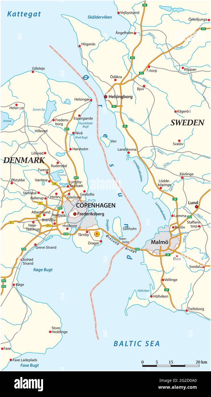 Mappa stradale vettoriale del corso d'acqua di Oresund tra Svezia e Danimarca Illustrazione Vettoriale