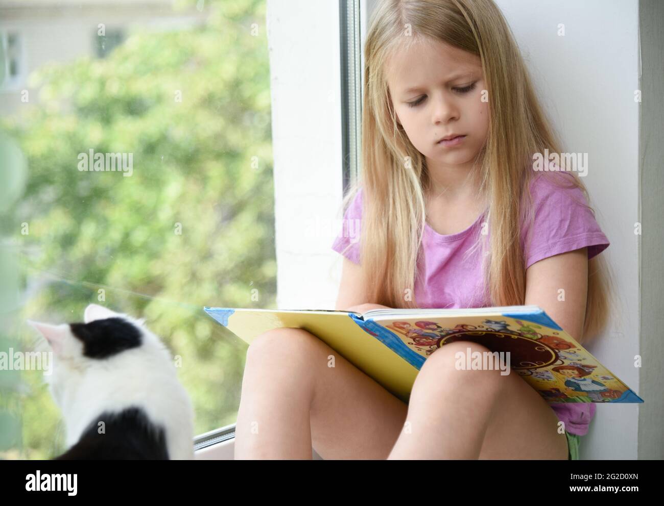 Bambino che legge un libro nel pomeriggio alla finestra. Foto Stock