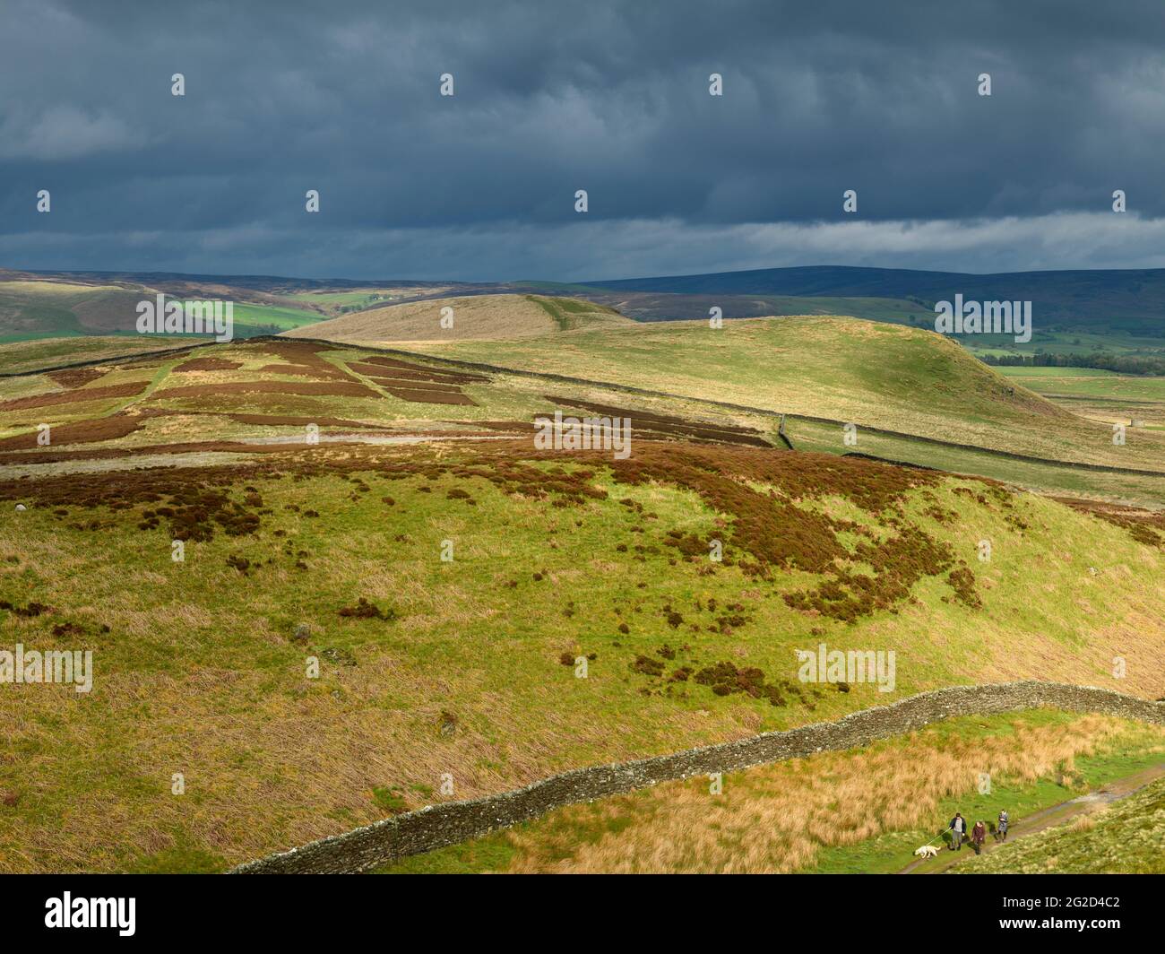 Paesaggio rurale scenico e nuvole di pioggia scure (zona collinare, colline ondulate e soleggiate, persone che camminano cane da compagnia) - vista a Wharfedale, Yorkshire Dales Inghilterra, Regno Unito Foto Stock