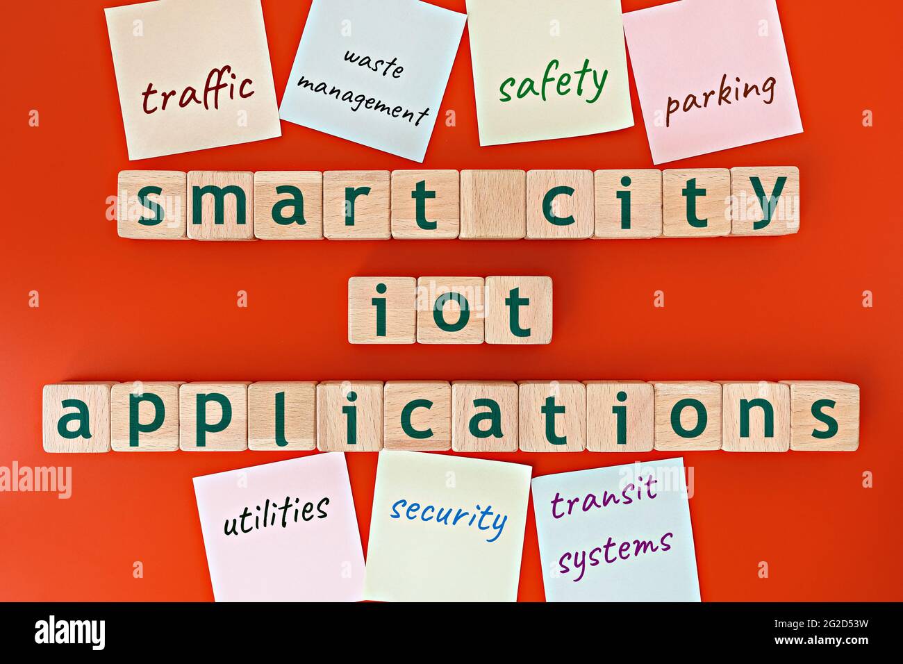 Modello di applicazioni IoT (Internet of Things) per città intelligenti. Cubi in legno con le parole "applicazioni IoT intelligenti" e note adesive su sfondo rosso Foto Stock