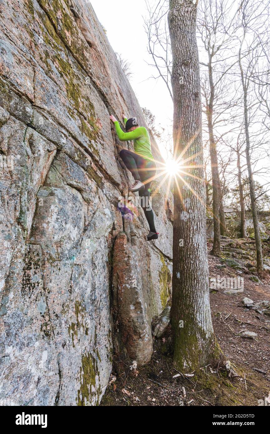 Uomo che arrampica su roccia in foresta Foto Stock
