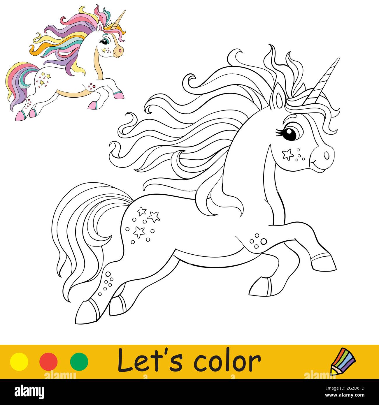 Carino unicorno running con arcobaleno lungo mane e coda. Colorare la pagina del libro con il modello colorato per i capretti. Illustrazione vettoriale isolata. Per colorazione b Illustrazione Vettoriale